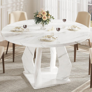 White Marble Round Dining Table, Modern Wood Dinner Tables, 47 Inch