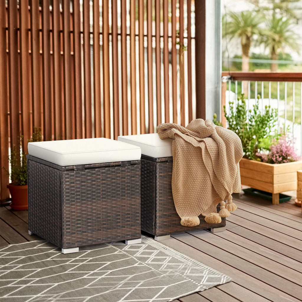 Patio Wicker Ottoman Set of 2, Multipurpose Outdoor Footstool w/Removable Cushions, Rattan Side Table w/Storage