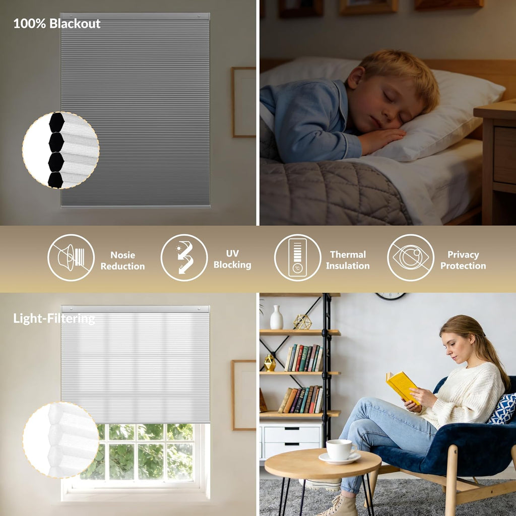 No Drill Cellular Shades for Indoor Windows,White, | Noise Reducing & Thermal Insulating Honeycomb Blinds,Cordless