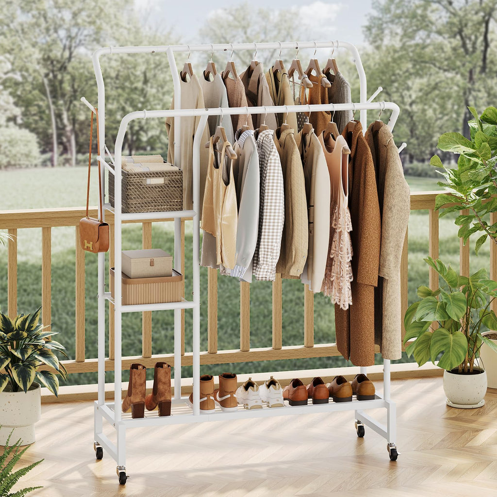 Double Rods Clothes Rack - Portable Clothing Rack with Wheels, Rolling Garment Rack with 3-Tier Shelves & 4 Hooks