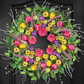 Spring Wreaths for Front Door, 24 Inch Artificial Tulip & Wildflower Floral Wreath, Large Spring Front Door Wreath