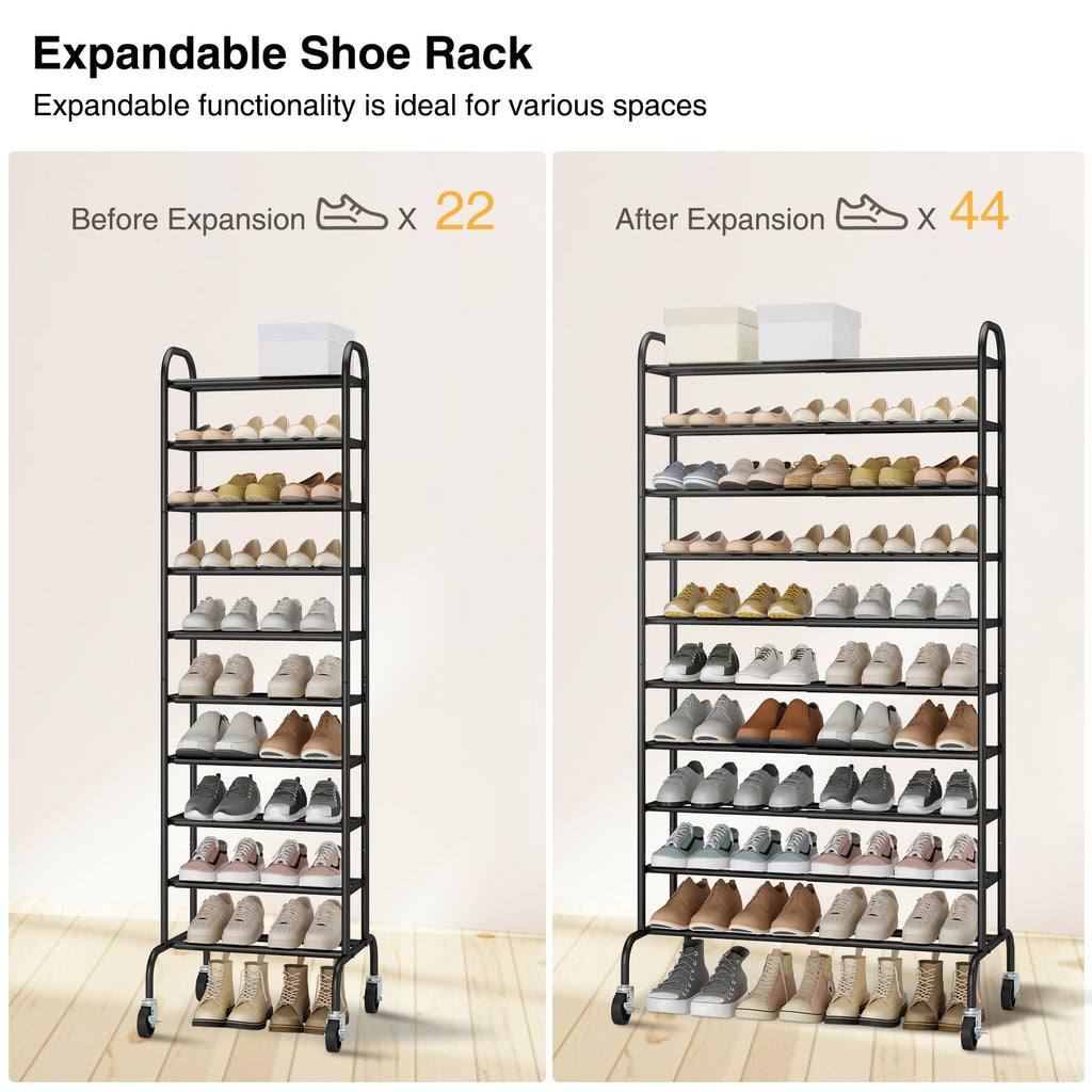 10-Tier Expandable Tall Shoe Rack for Garage, 44 Pairs, Black