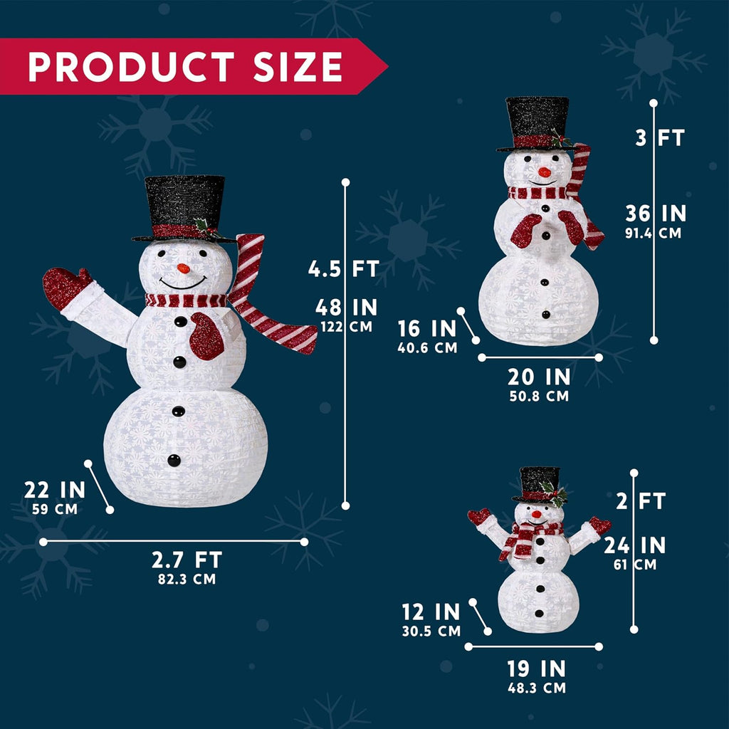 3 Pcs 3D Christmas Collapsible Snowman Yard Light 270 Pre-Lit LED Cool White Lights for Indoor Outdoor Garden Holiday