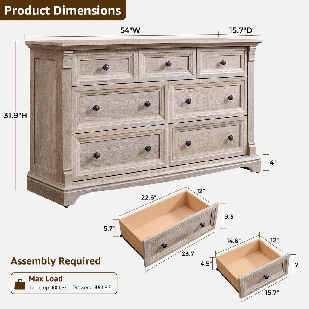 Farmhouse 7 Drawers Dresser 54"W Wood Chest of Drawers