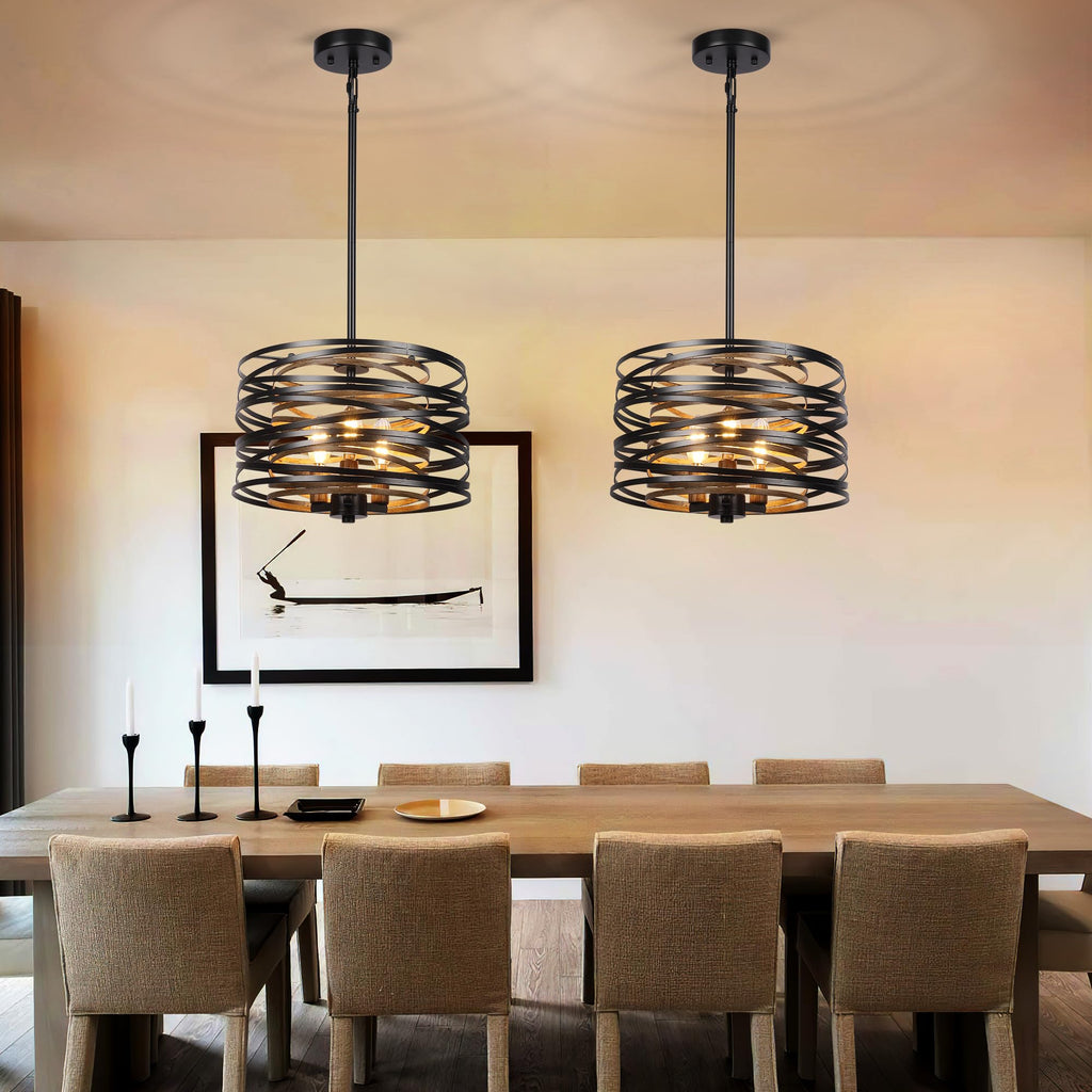 3-Light Dining Room Chandelier, 12.6" Rustic Black Drum Chandeliers, Wood Grain and Vintage Light Fixture Entryway