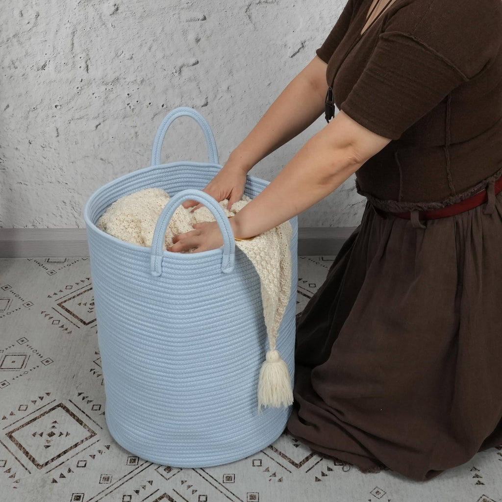 Cotton Rope Laundry Basket Hamper for Clothes, light blue