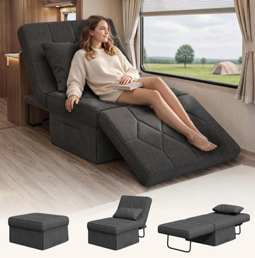 Ottoman Bed Sleeper, 34" Convertible Sleeper Chair Bed, Dark Grey