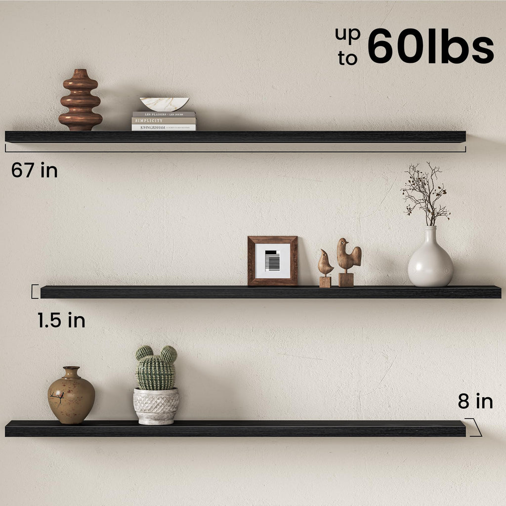 67 Inch Floating Shelves for Wall, 8 Inch Deep Wall Mounted Wood Shelves with Invisible Brackets Storage Decor