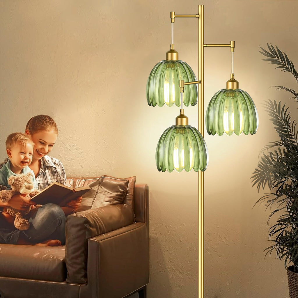 Gold Floor Lamp Bedroom, Modern Tree Floor Lamps with Green Glass Shades, 68IN Tall Standing Lamp with Bulbs, 3 Lights