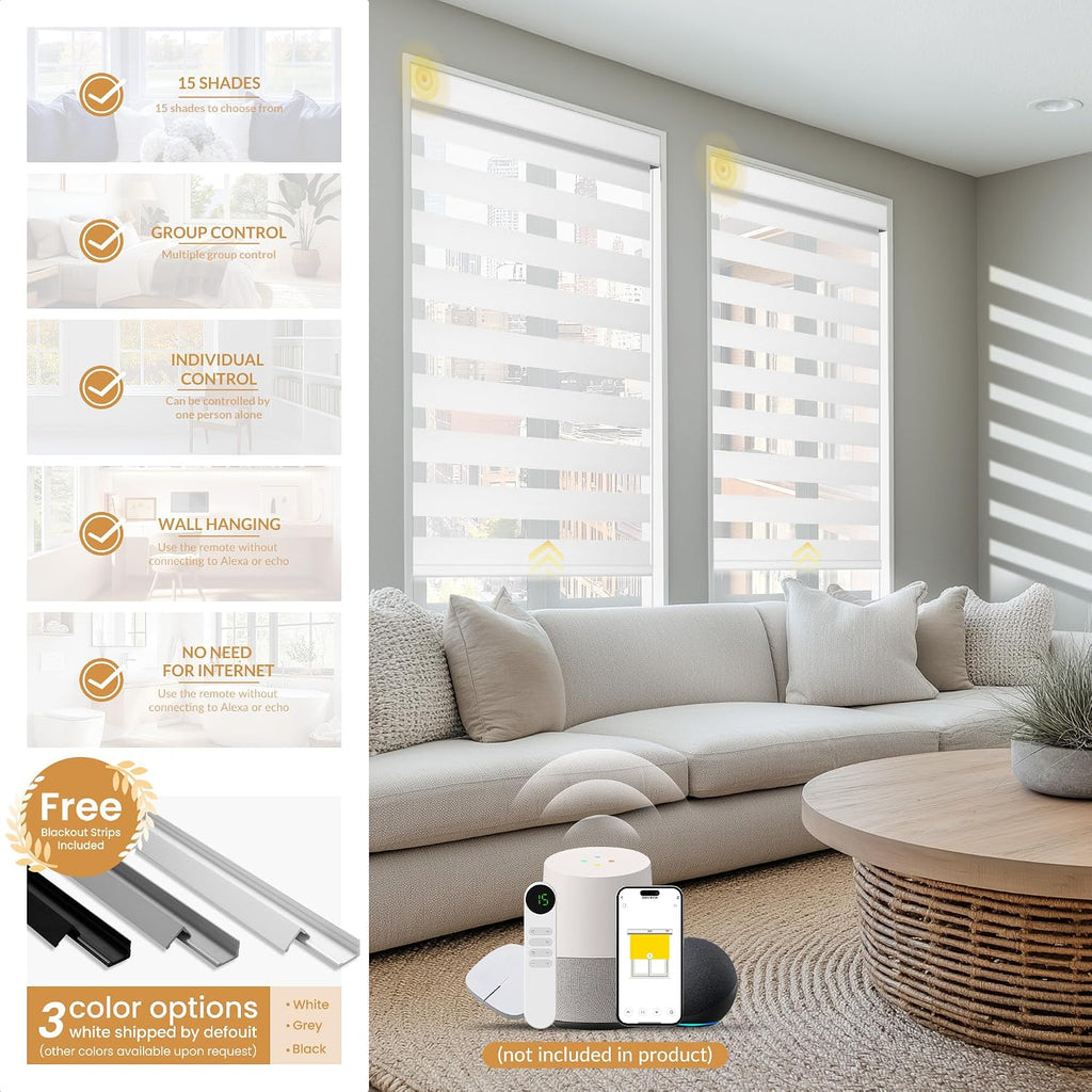 Motorized Zebra Blinds with Remote, 95% Blackout Zebra Roller Window Shades, Wireless Electric Zebra Blinds, Built in