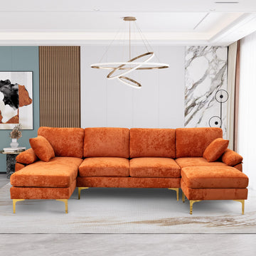 114" U-Shaped Velvet Sectional Couch with Ottoman, Orange