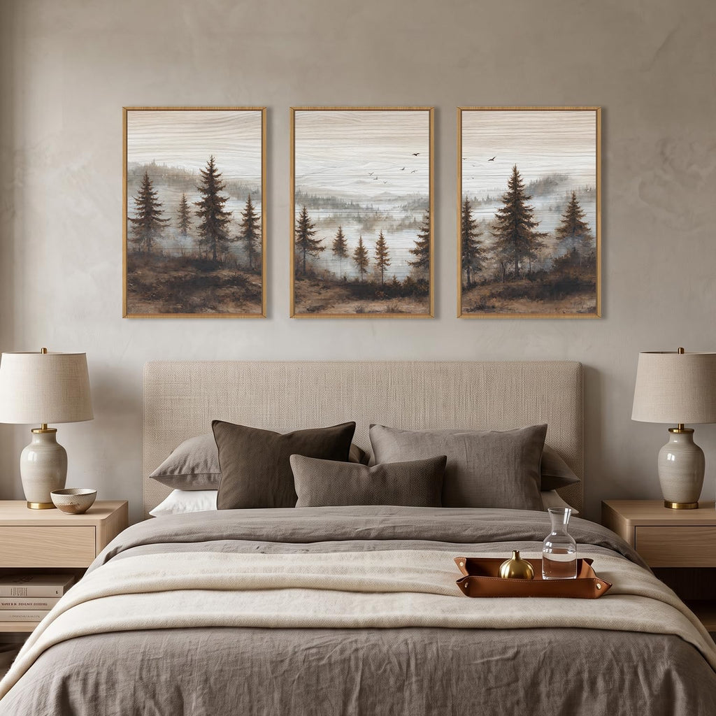 Large Foggy Pine Tree Mountain Framed Canvas Wall Art Set-16"x24"x3