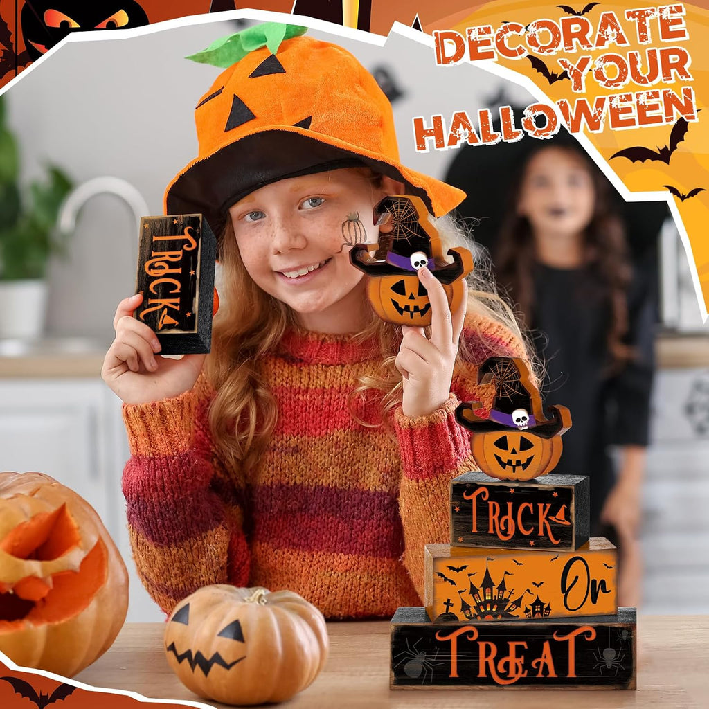 Halloween Table Decor Pumpkin Hat Wooden Sign Centerpiece - Set of 4