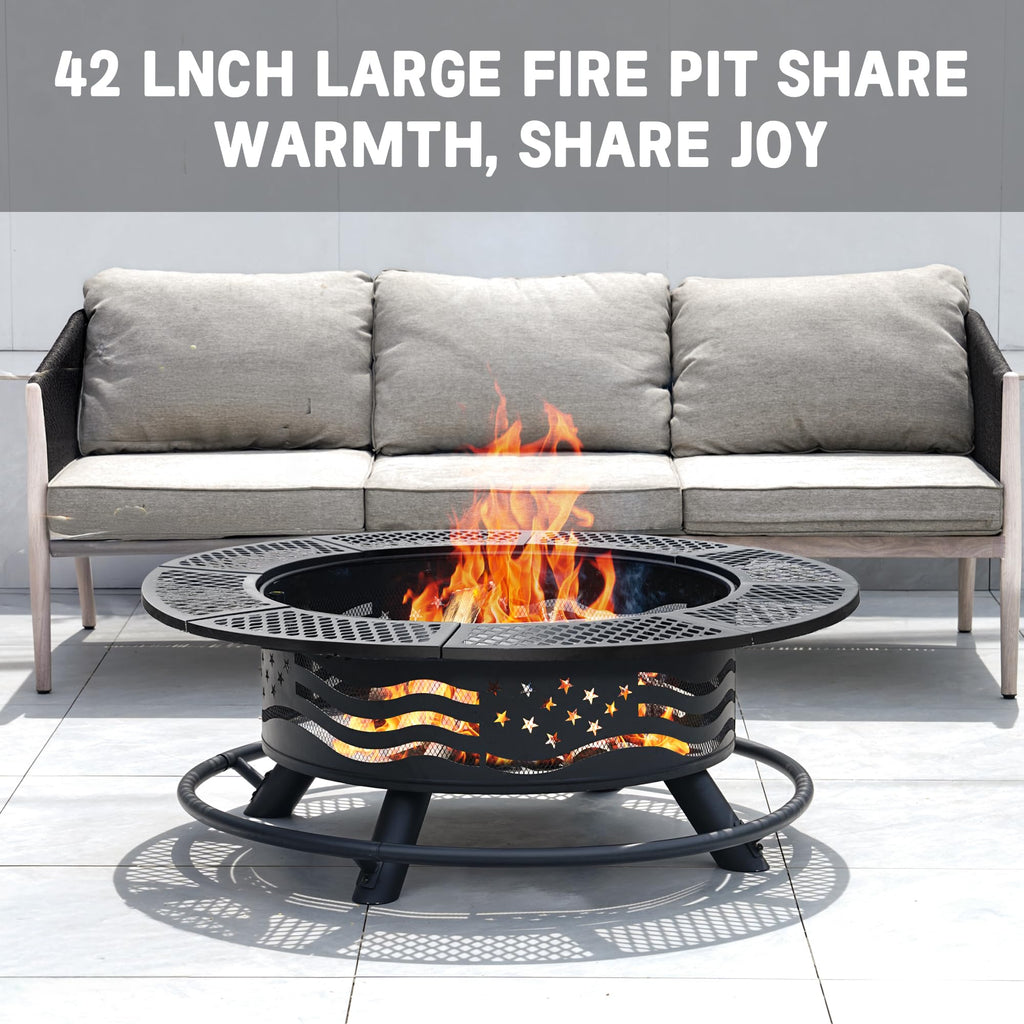 42 Inch Fire Pit with 2 Cooking Grills and Table Lid