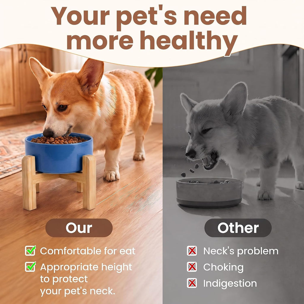 Elevated Ceramic Dog Bowl with Bamboo Stand, Raised Pet Feeding Station for Small Medium Dogs Cats, Modern Design