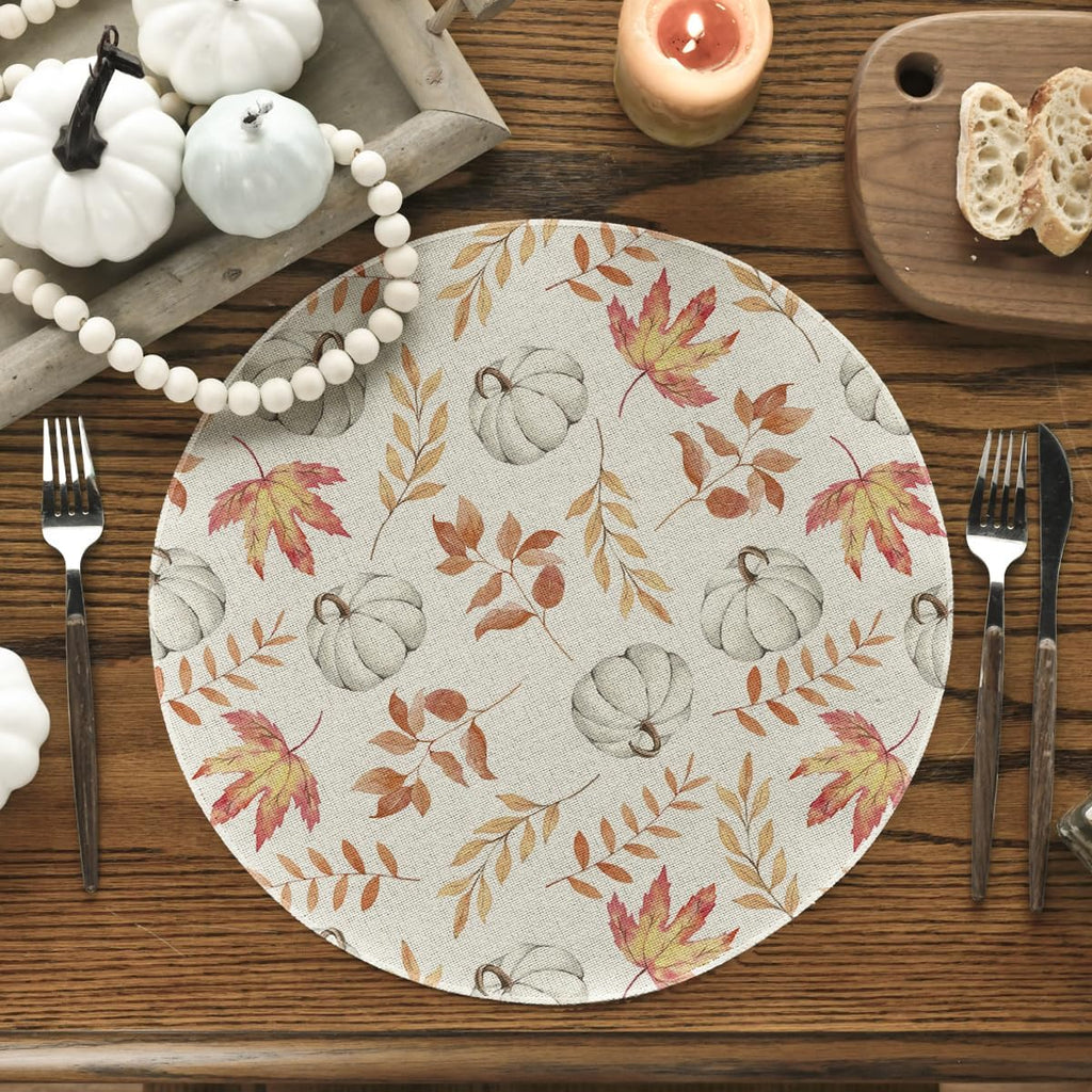 Pumpkins Maple Leaf Round Fall Placemats-14 Inch - Set of 6