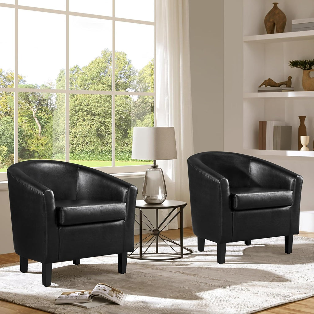 Accent Chairs, Faux Leather Barrel Armchairs Black - Set of 2