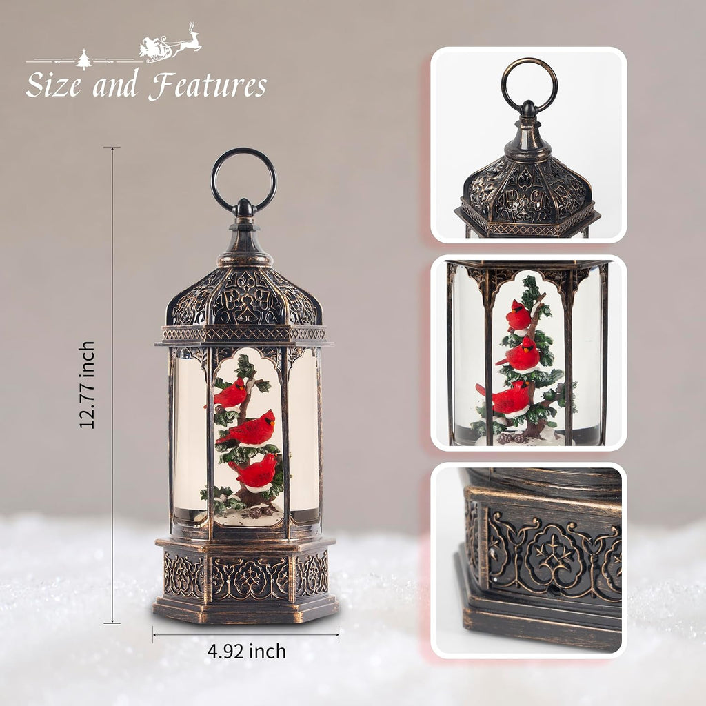 12.8" Lighted Musical Christmas Snow Globe Lantern with Three Red Cardinals in Tree, Swirling Glitter, Antique