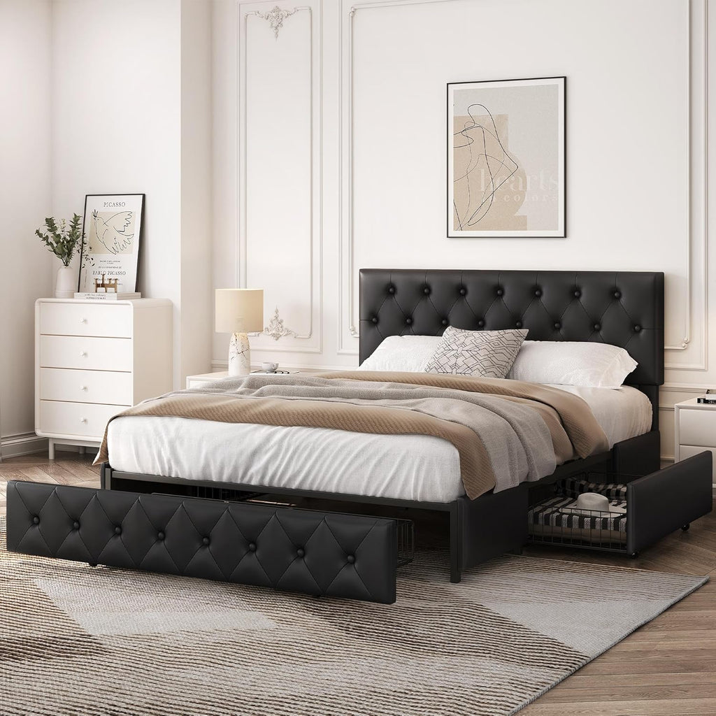 Queen Bed Frame Upholstered Bed Frame with Adjustable Diamond Button-Tufted Headboard/3 Drawers Storage