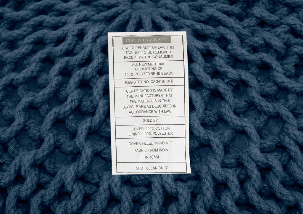 Round Blue Pouf - Hand Knitted Cotton Braid Cord Dori Ottoman