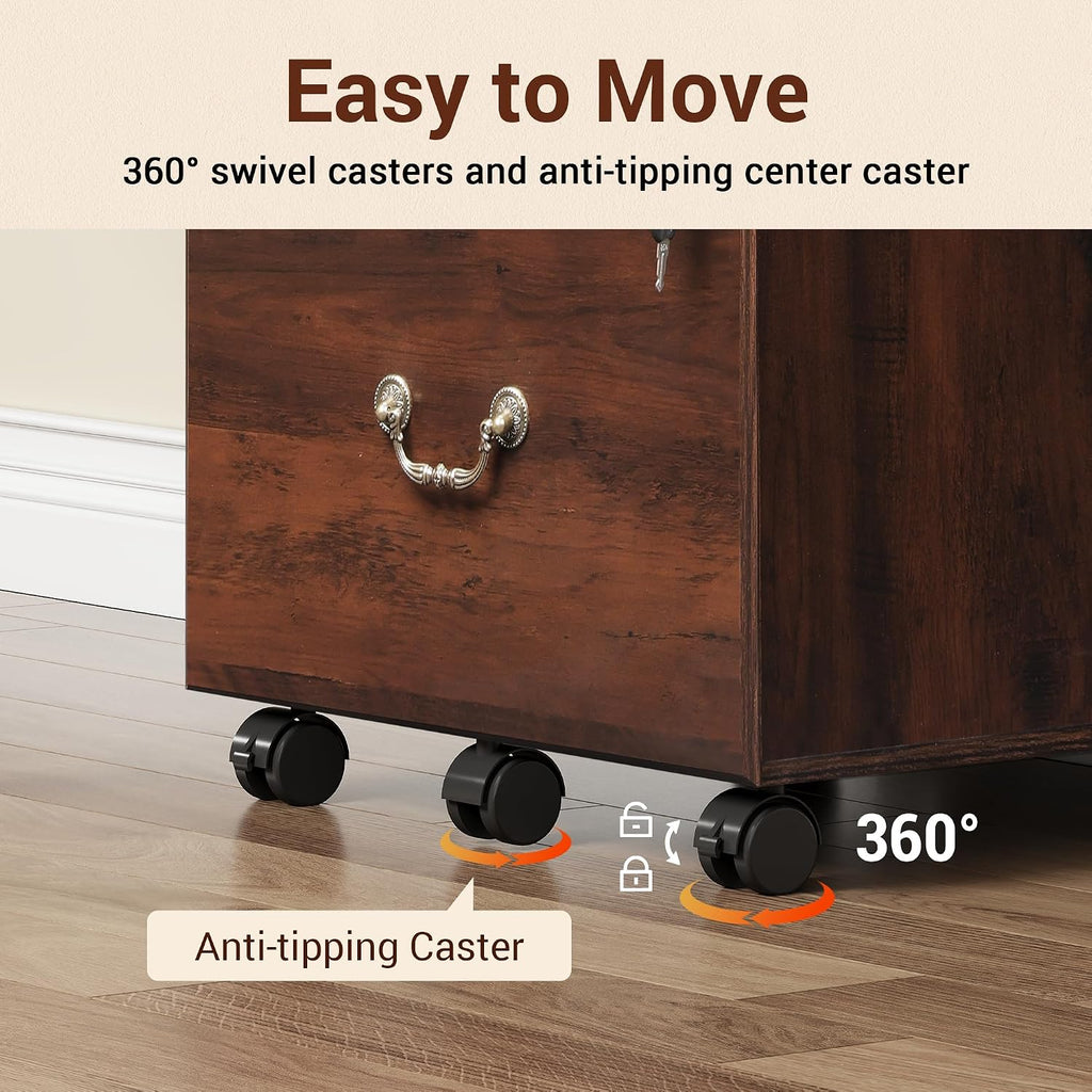 3 Drawer File Cabinet with Lock, Wood Filing Cabinet, Brown Oak | Mobile Wood File Cabinet for Under Desk Storage