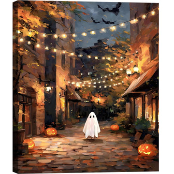 Framed Halloween Ghost Street Wall, Pumpkin Lantern Night Town Canvas Prints, Cozy Spooky Wall Decor Pictures Canvas