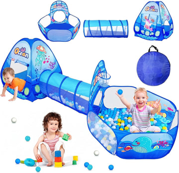 3 in 1 Kids Play Tent with Tunnel, Ball Pit, Basketball Hoop for Boys & Girls, Toddler Pop Up Playhouse Toy Baby