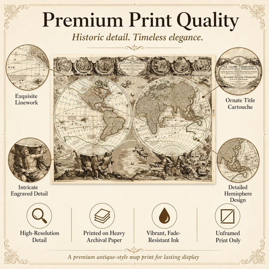 Le Globe Terrestre 16x20 Unframed Print- Antique Double Hemisphere World Map Reproduction by Jean Baptiste Nolin