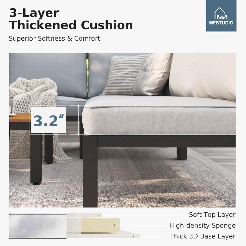 4 Pieces Metal L-Shaped Outdoor Sectional with Cushion, | Outdoor Patio Furniture Set with Side Table, Modular Patio