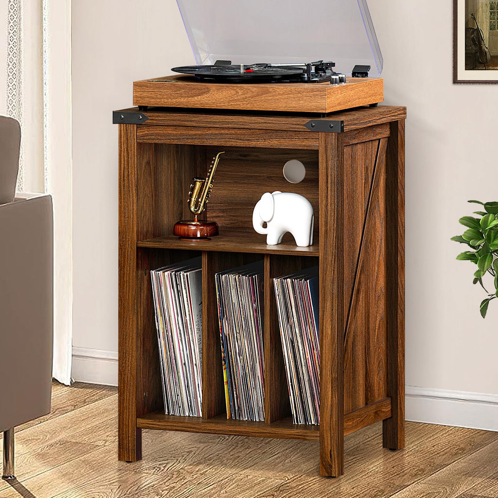 Record Player Stand with Vinyl Record Storage, Rustic Brown