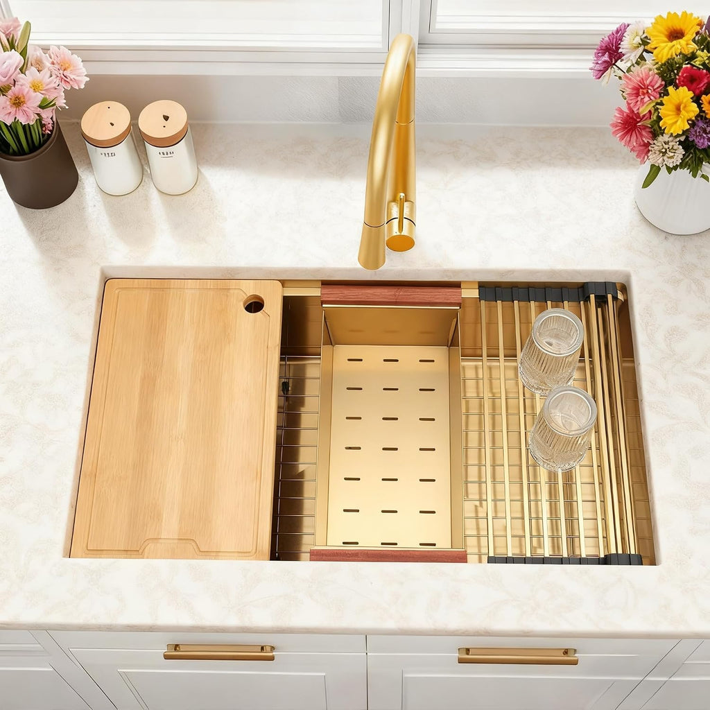 32 Inch Gold Undermount Kitchen Sink,16 Gauge 304 Stainless Steel Kitchen Sink Single Bowl, 32"x19"x10" Undermount