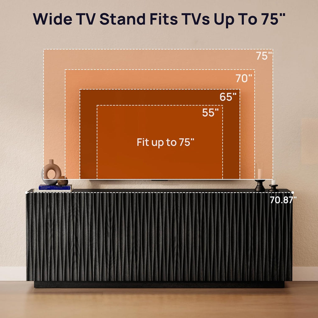 70" Fluted TV Stand for TVs Up to 50/55/65/75", Mid-Century Modern Entertainment Center for Living Room, Tall
