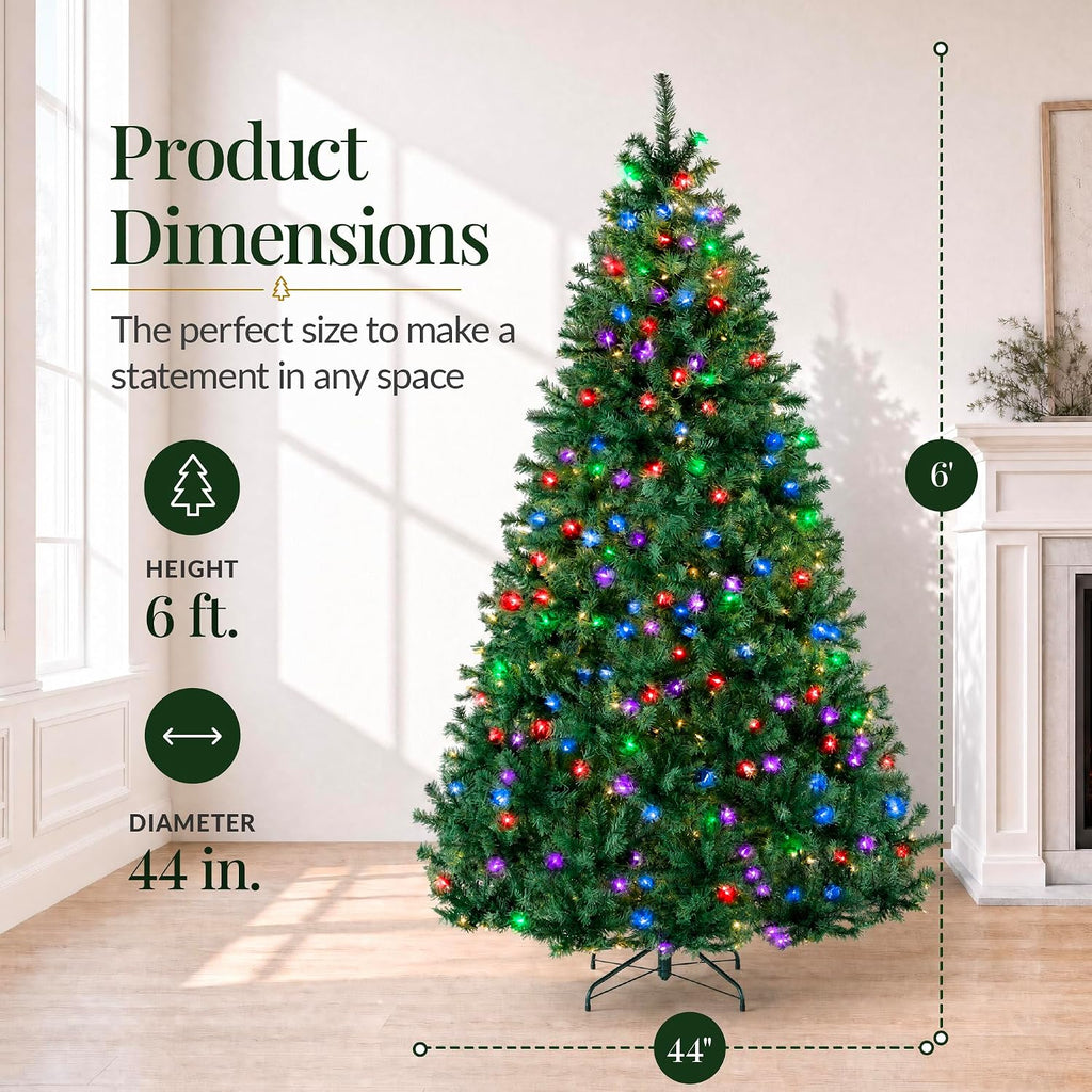 6Ft Pre-Lit Christmas Tree w/Twinkling LEDs, Premium Green Artificial Pine Lighted Holiday Decoration w/ 250 Lights