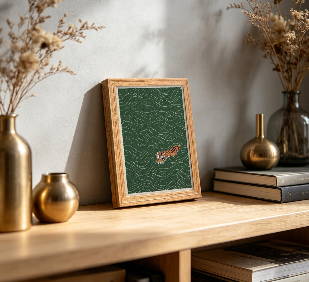 Framed Swimming Tiger Canvas Wall Art, Abstract Green Wave Print, Minimalist Vintage Wildlife Painting Living Room