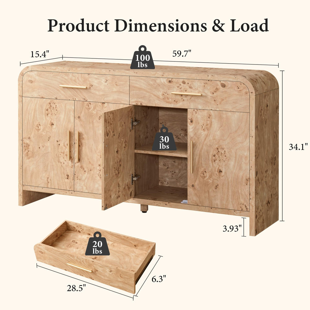 59" Sideboard Buffet Cabinet with Storage Modern Curved Console Cabinet with Drawers Wooden Board Large Credenza