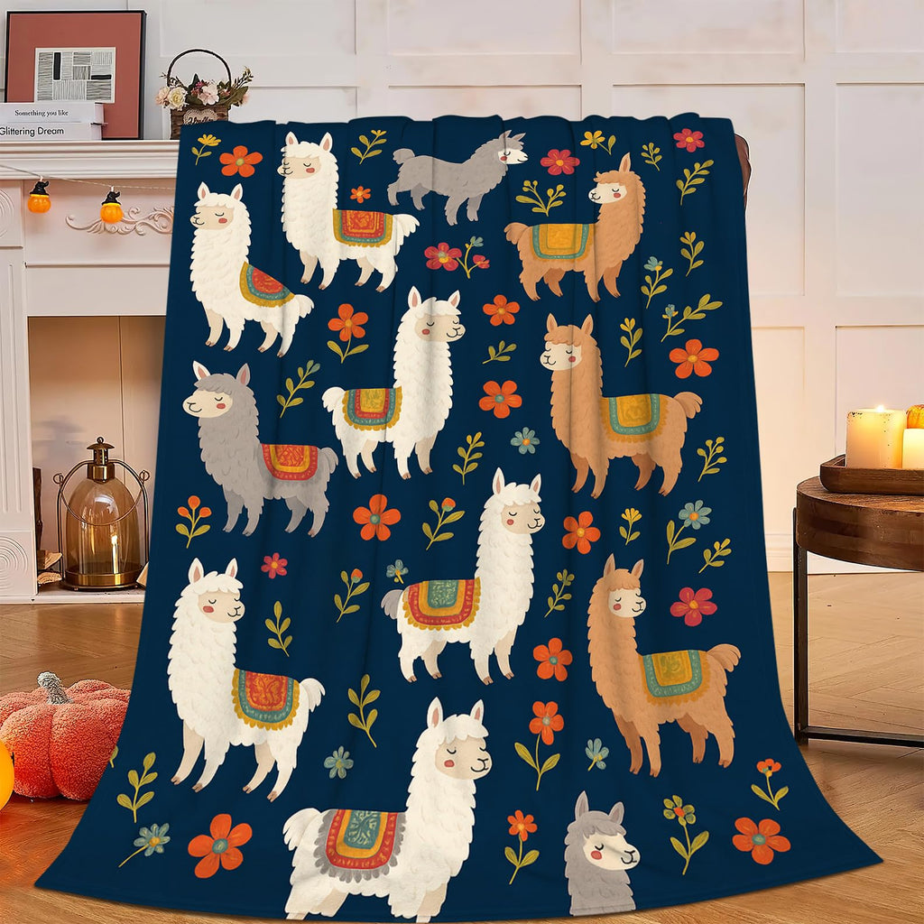 Llama Blanket, Alpaca Throw Blanket, Flower Gifts Blankets Stuff Fleece Flannel Plush for Girls Women Men Boys Lovers