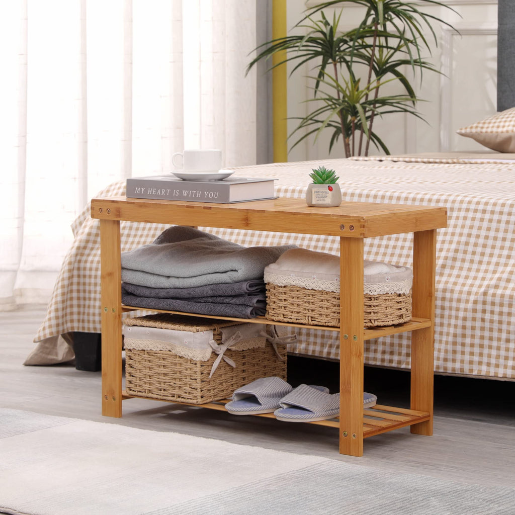 Shoe Rack Bench, 3-Tier Bamboo Shoe Organizer, Storage Shoe Shelf, Entryway Bench, Holds up to 300lbs