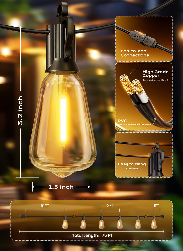 Outdoor String Lights, 75FT 22+2 LED ST38 LED Patio Lights Shatterproof, Dimmable IP65 Waterproof Connectable Hanging