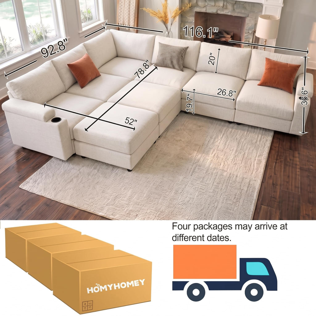 Sectional couches, Oversized Modular Cloud U Shaped Couch, FSC Certified Chenille, Removable Chaise Sofa (Beige, L