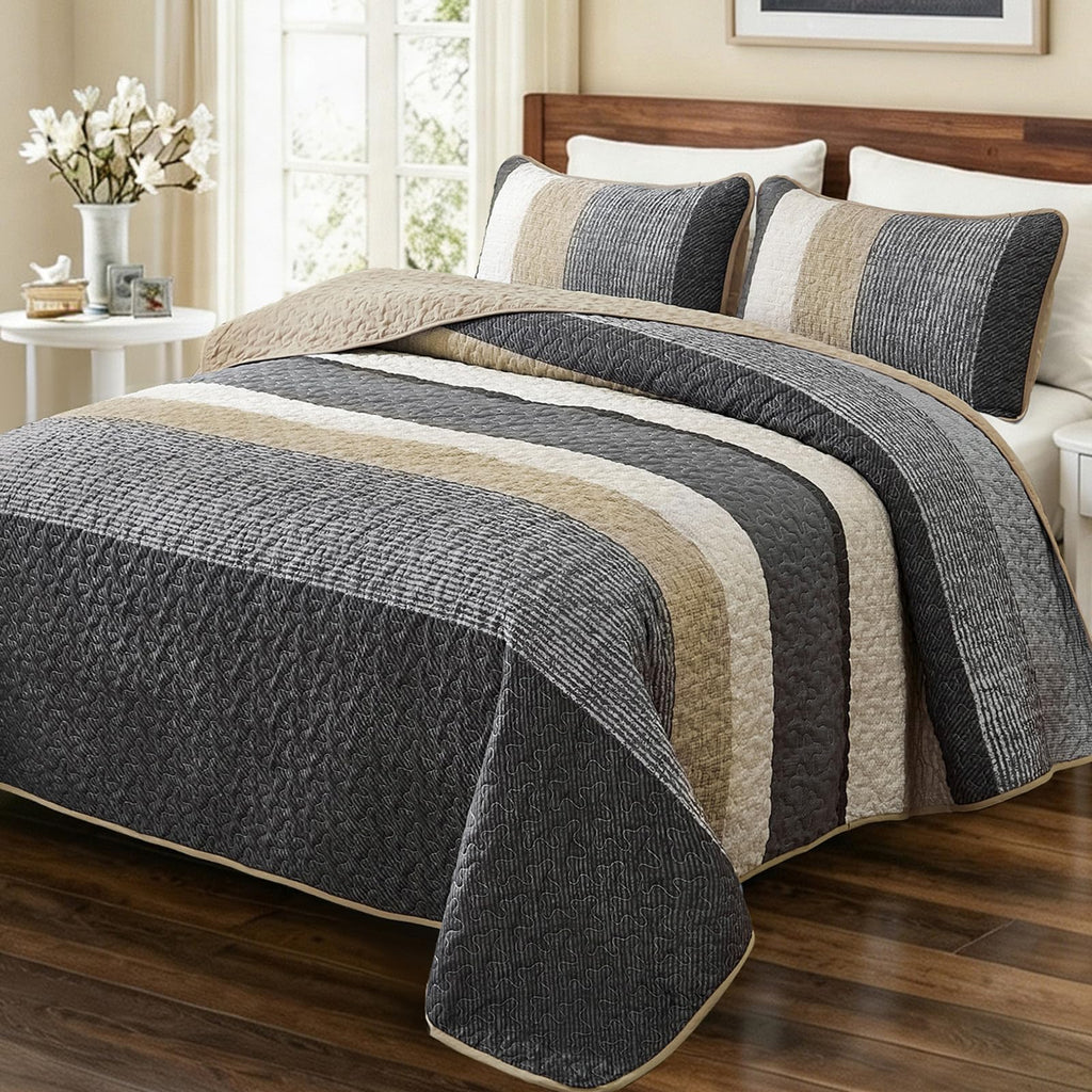 Grey Quilt Set, 3-Piece Boho Striped Bedding