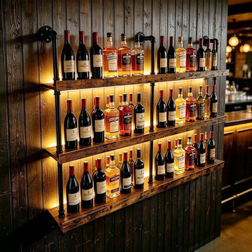 55" Wine Rack Wall Mounted with LED Lights, Industrial Pipe 3-Tier Floating Wine Shelf, Metal & Wood Wine Bottle and
