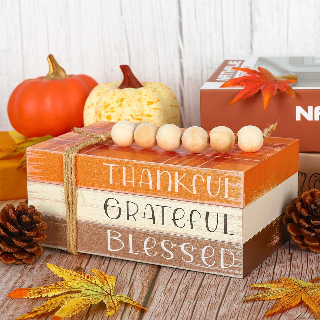 Fall Wooden Tiered Tray Decor Plaid Faux Decorative Stacked Books Bundle Thankful Grateful Blessed Wooden Block Sign