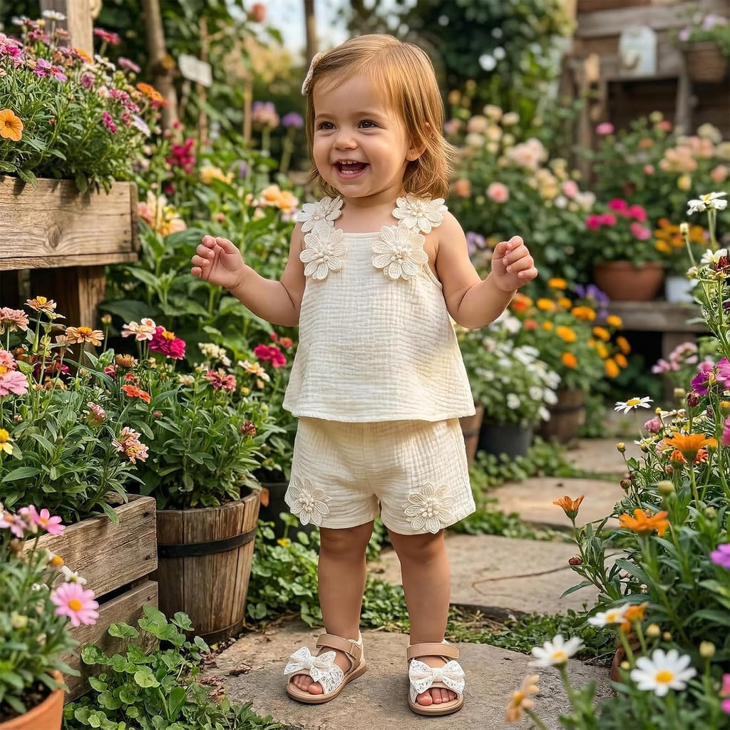Toddler Baby Girl Clothes Decorative Flower Sleeveless Ruffle Top and Cute Shorts 2 Pcs Set Infant Casual Outfit