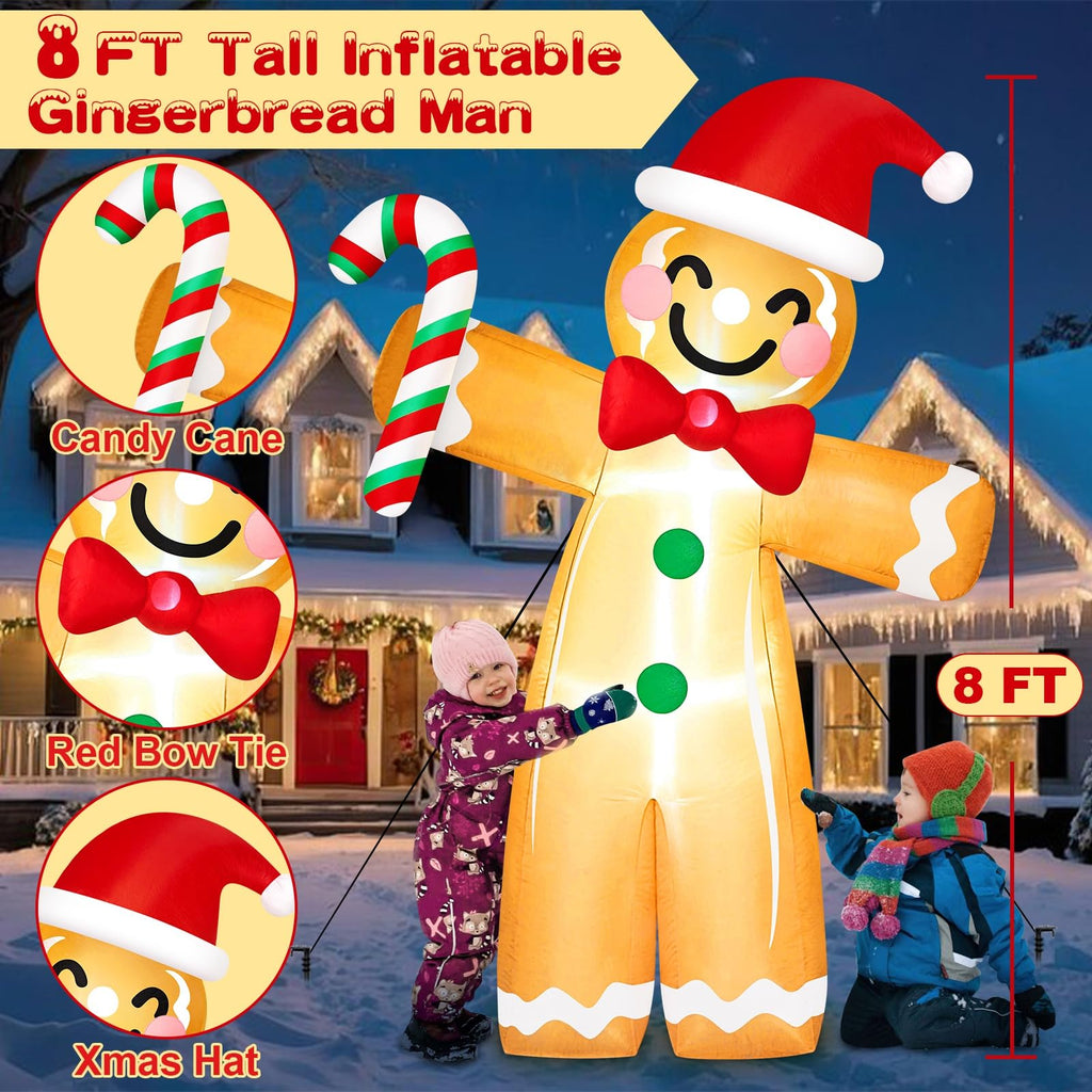 8FT Tall Giant Gingerbread Inflatable Christmas Decorations Outdoor Candy Cane, Built-in LED Lights Funny Ginger