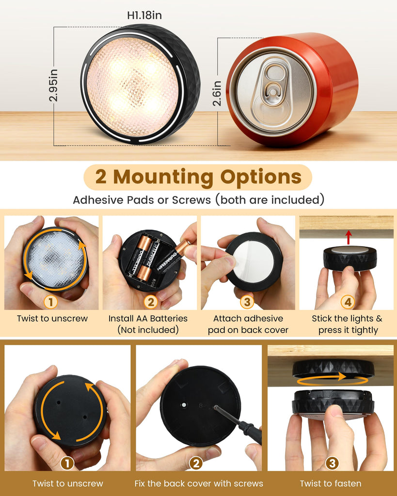 Puck Lights with Remote, 3 White Tones + 13 RGB Colors, 6 Pack-Black