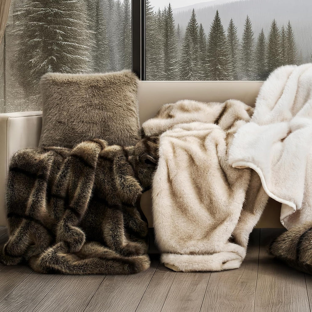 Luxury Faux Fur Throw Blanket, 60"x80", Ombré Sable Brown | Fluffy Faux Mink Blanket, Soft Cozy Plush, Thick Warm
