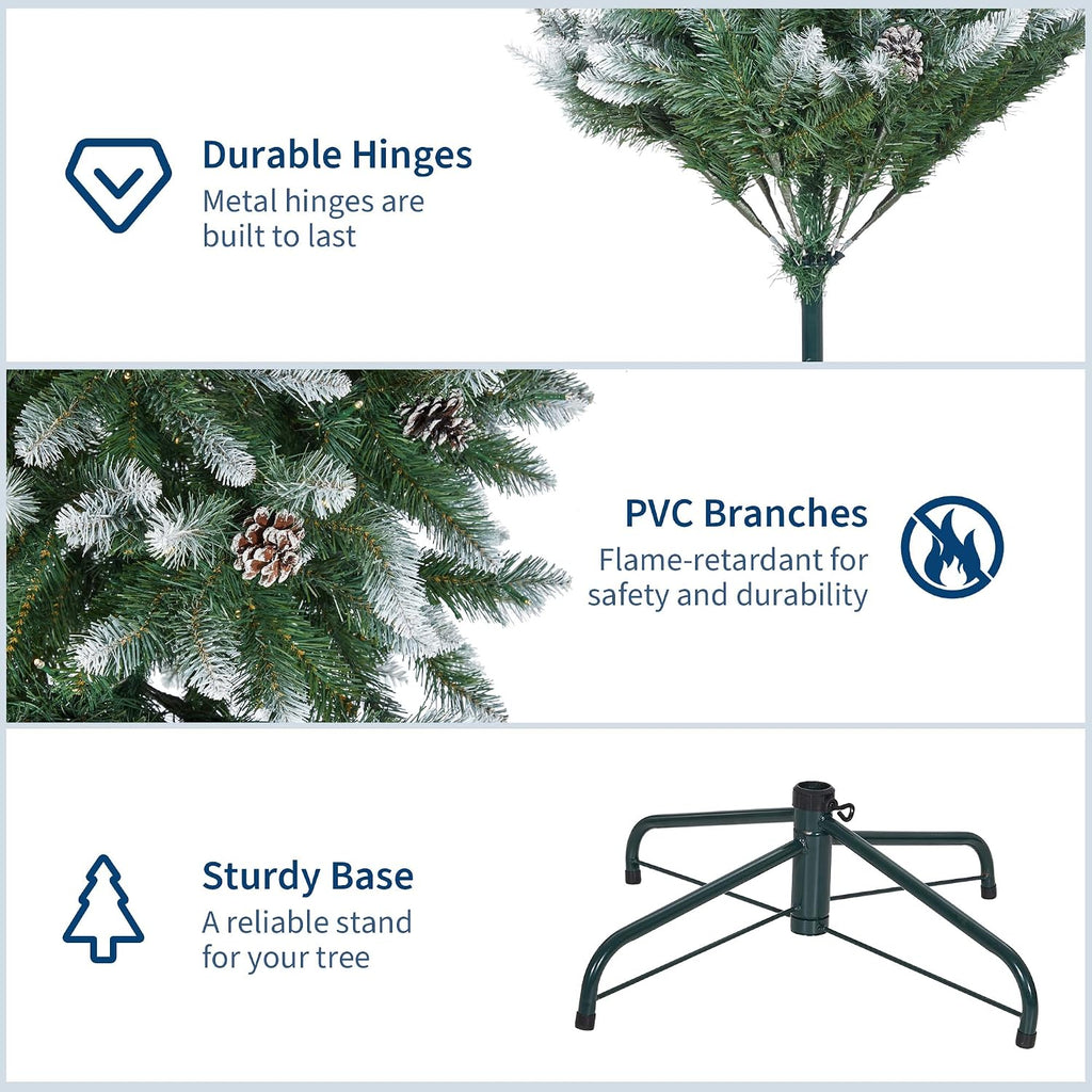 Pre-Lit Artificial Christmas Tree with 900 Warm White LEDs, Mixed Pinecone Decor, Sturdy Metal Base - Green