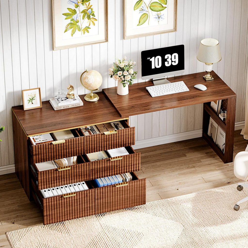 Computer Desk with 6 Drawers, 78" Modern Writing Desk with 0.98" Thickened Desktop & Storage Shelves, Adjustable