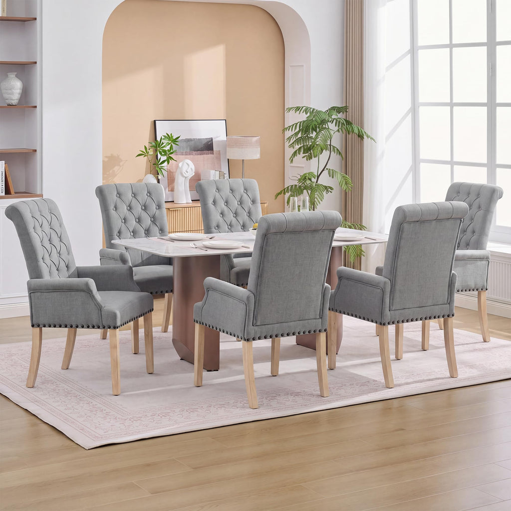 With Arms, Linen High Back Dining Room Chair, Light Grey
