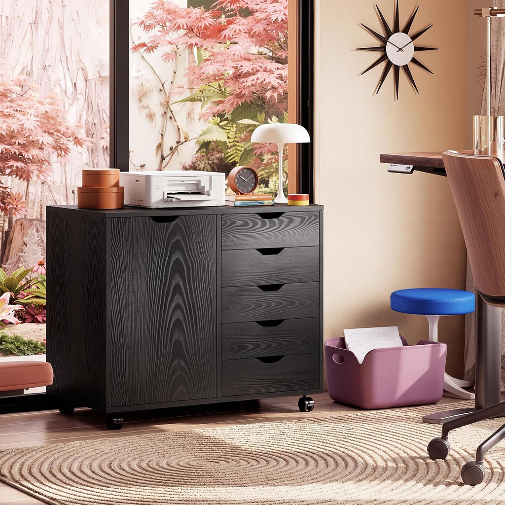 5-Drawer Wood Drawer Cabinet, Office Storage Cabinet, Black | Craft Storage Cabinet, Under Desk Drawer, Rolling Cart
